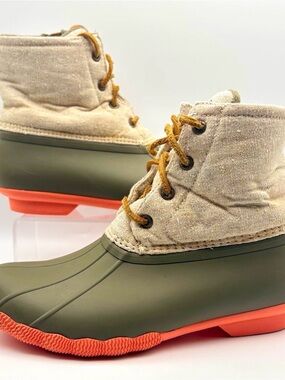 Sperry Olive Green Rubber & Coral Sole Canvas Duck Boots